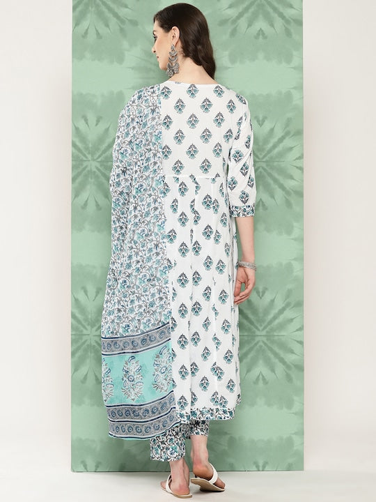 Yufta Women Ethnic Motifs Printed Regular Pure Cotton Kurta with Trousers & With Dupatta