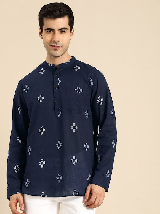 Anouk Men Navy Blue Geometric Printed Pure Cotton A Line Indigo Kurta