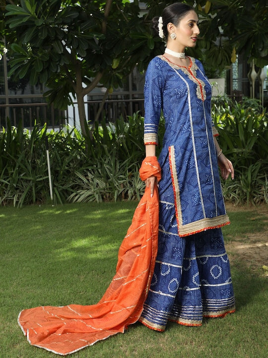 AKS Couture Ethnic Motif Printed Gotta Patti Pure Cotton Kurta & Sharara With Dupatta