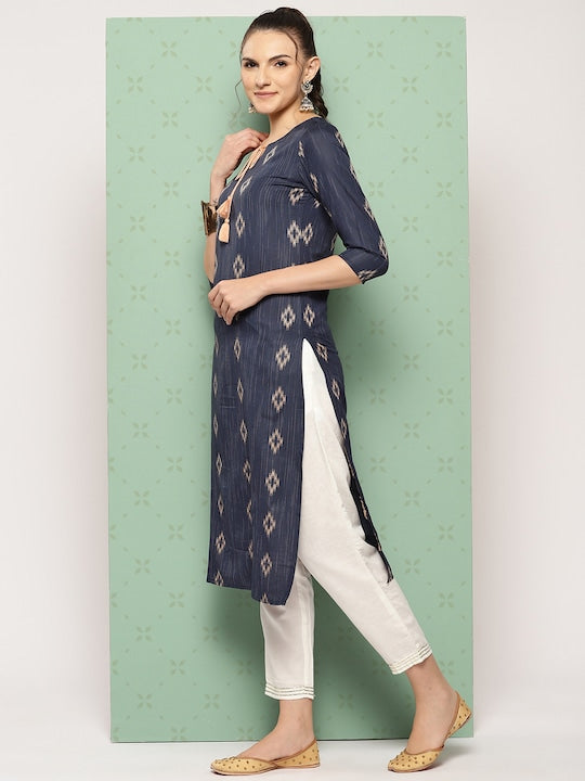 Yufta Woven Design Tie-Up Neck Pure Cotton Kurta