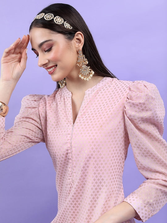 Vishudh Pink Ethnic Motifs Printed Puff Sleeves Kurta