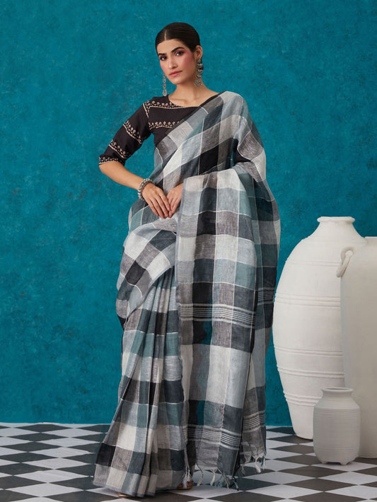 Likha Black Linen Zari Blend Bhagalpuri Saree with Unstitched Blouse LIKSAR86 (Free Size)
