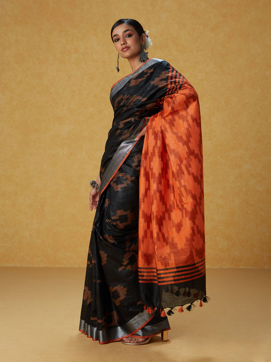 Likha Black Cotton Ikat Saree with Unstitched Blouse LIKSAR89 (Free Size)