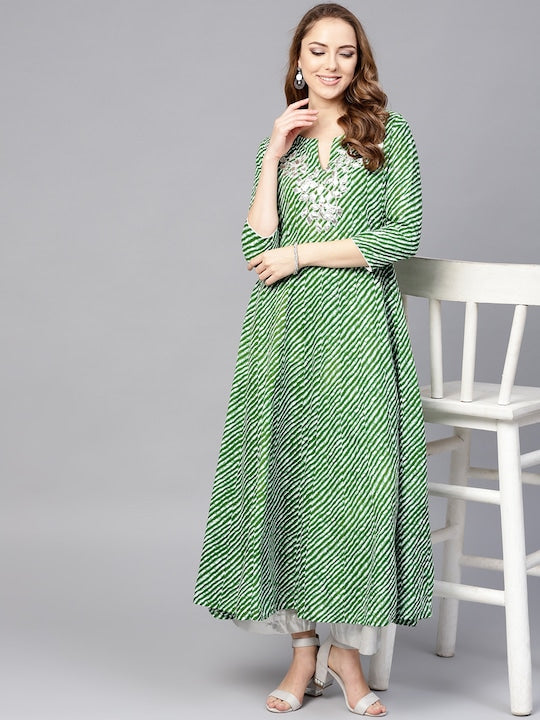 Yufta Women Green & White Lehariya Print A-Line Kurta