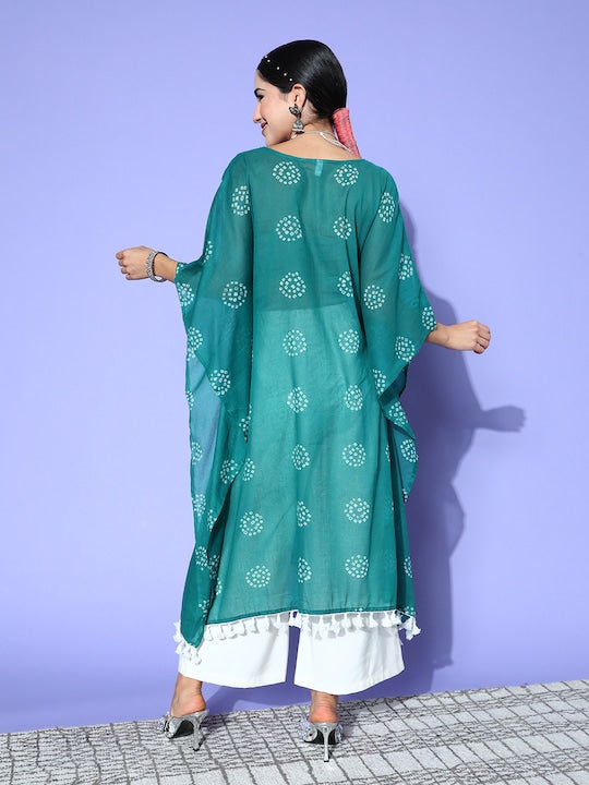 Yufta Women Teal Bandhani Printed Flared Sleeves Kaftan Kurta