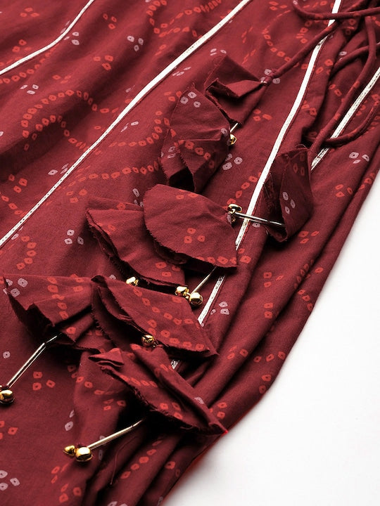 Here&now Women Bandhani Printed Mirror Work Anarkali Kurta