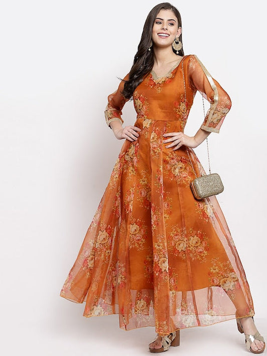 Myshka Brown Floral Printed Anarkali Dress