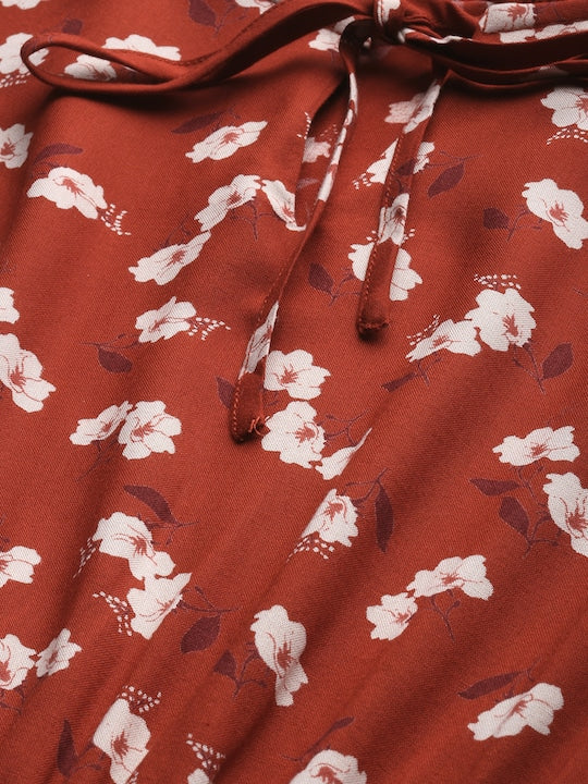 All about you Rust Red & White Floral Printed Smocked Detailing Fit and Flare Dress