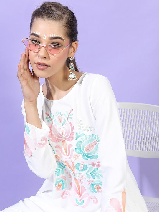 Vishudh Women White Printed High-Low Kurta With Dhoti Pants