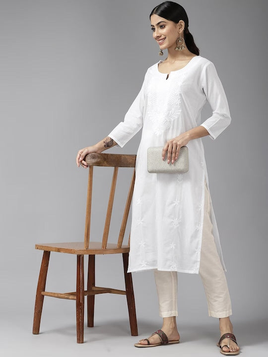 Yufta Floral Chikankari Embroidered Regular Pure Cotton Straight Kurta