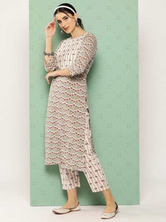 Yufta Women Ethnic Motifs Printed Regular Pure Cotton Kurta with Trousers & With Dupatta