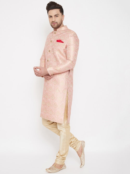 Vastramay Men Pink & Gold-Coloured Slim Fit Brocade Woven Design Sherwani Set