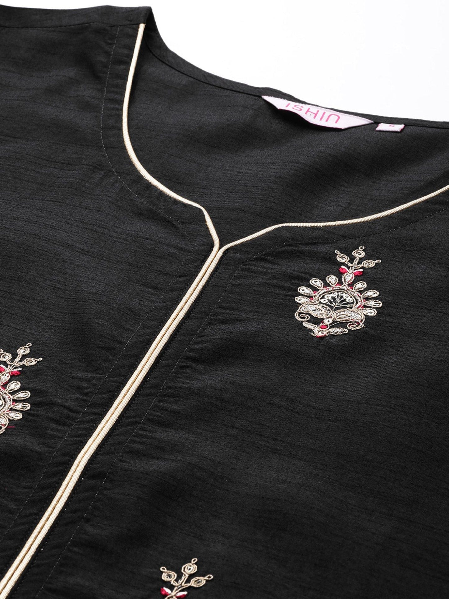 ISHIN Women's Black Embroidered Zari Silk Straight Kurta