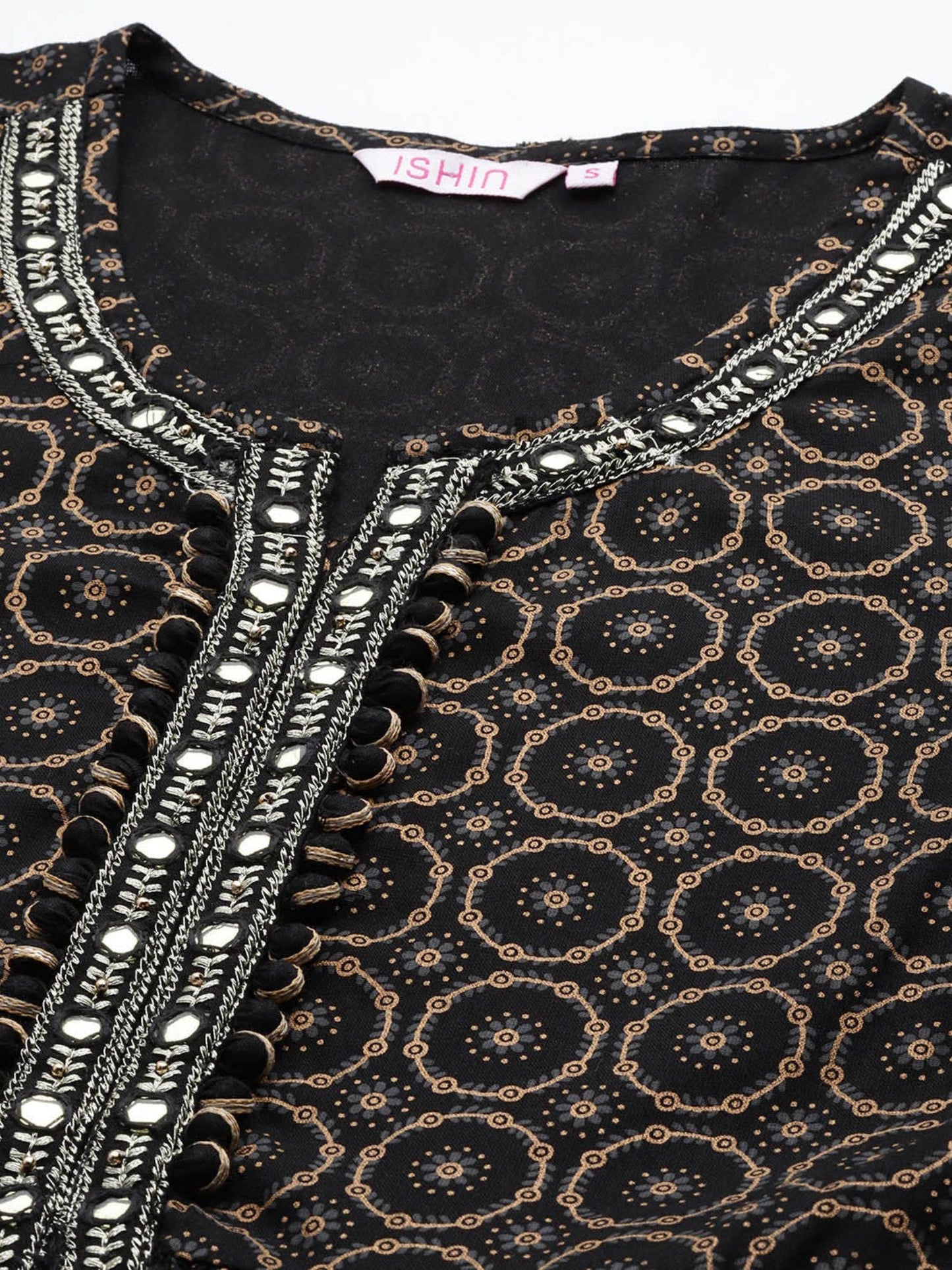 ISHIN Women's Black Foil Printed with Mirrorwork & Stones Rayon Anarkali Kurta