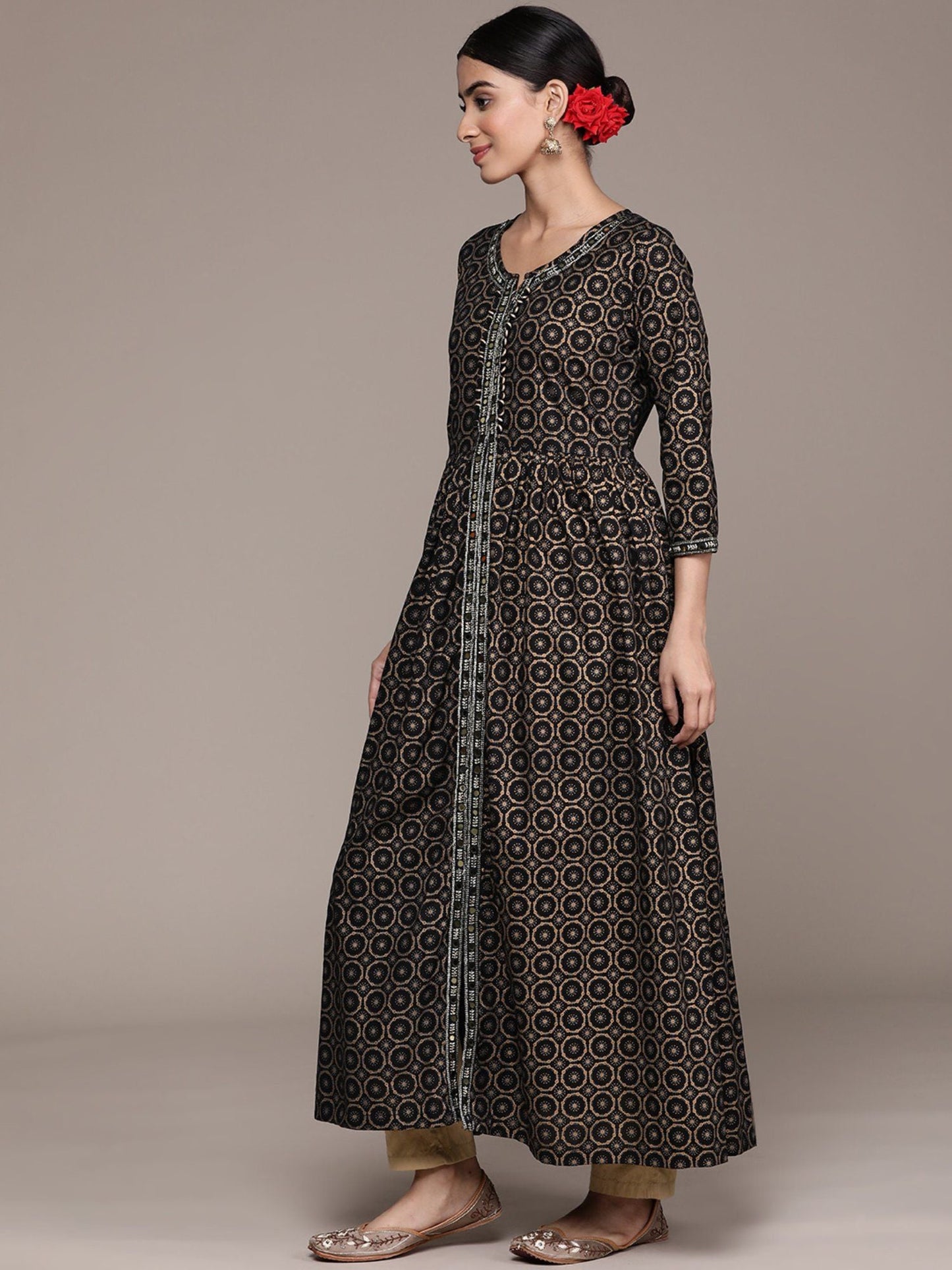 ISHIN Women's Black Foil Printed with Mirrorwork & Stones Rayon Anarkali Kurta