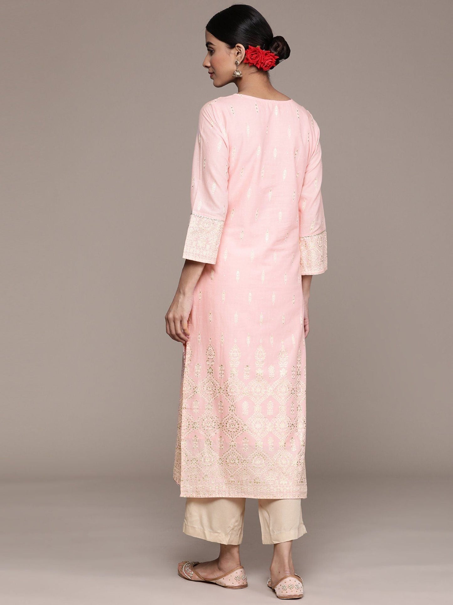 ISHIN Women's Pink Ethnic Motifs Printed Gotta Patti Pure Cotton Straight Kurta