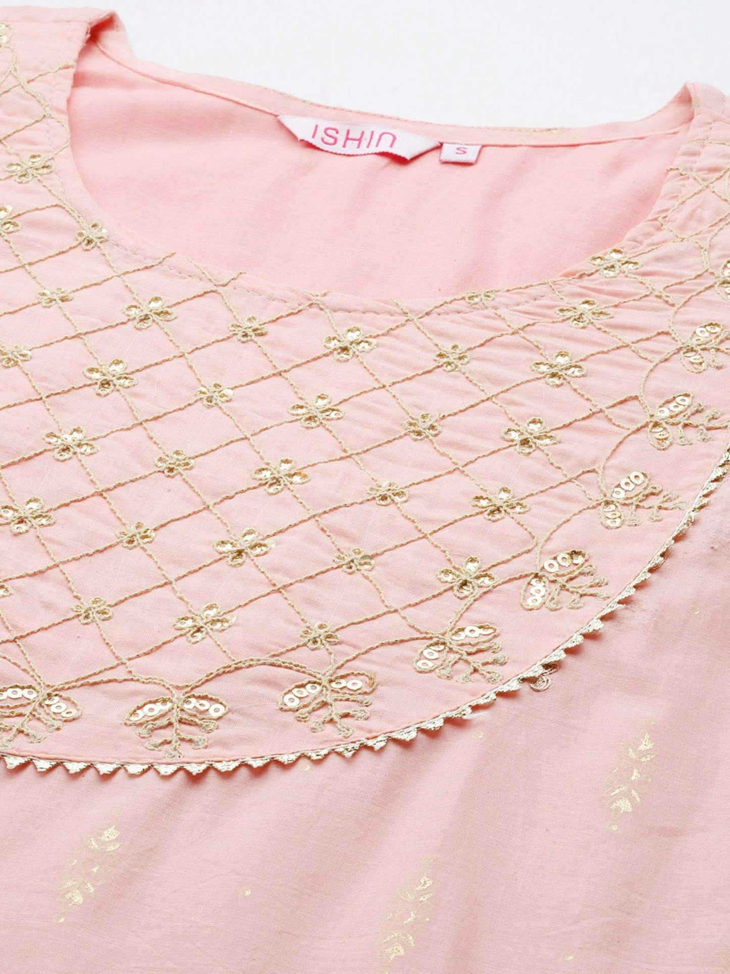 ISHIN Women's Pink Ethnic Motifs Printed Gotta Patti Pure Cotton Straight Kurta