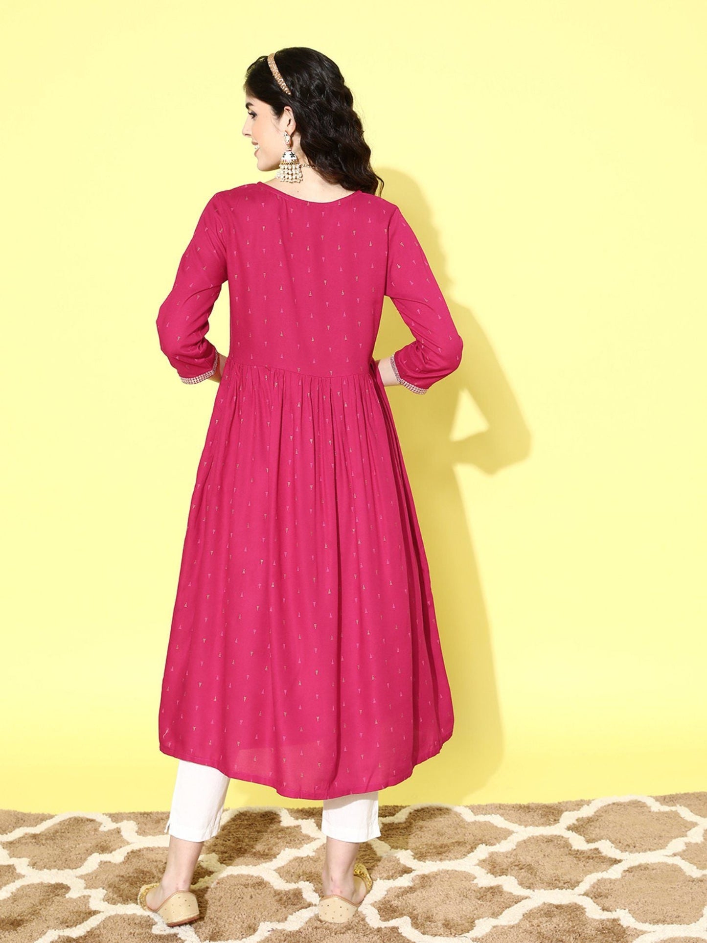 ISHIN Women's Pink Foil Printed Embellished Sequins Rayon Flared Kurta