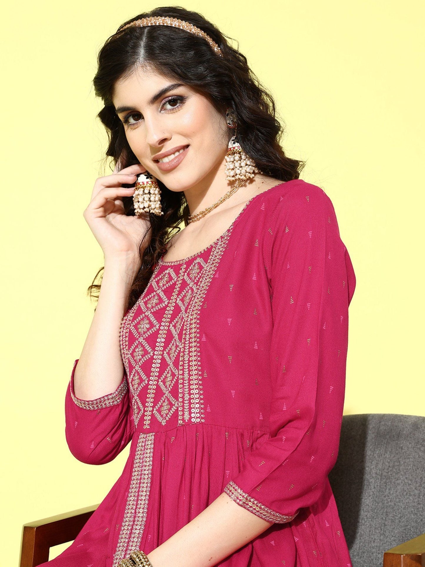 ISHIN Women's Pink Foil Printed Embellished Sequins Rayon Flared Kurta