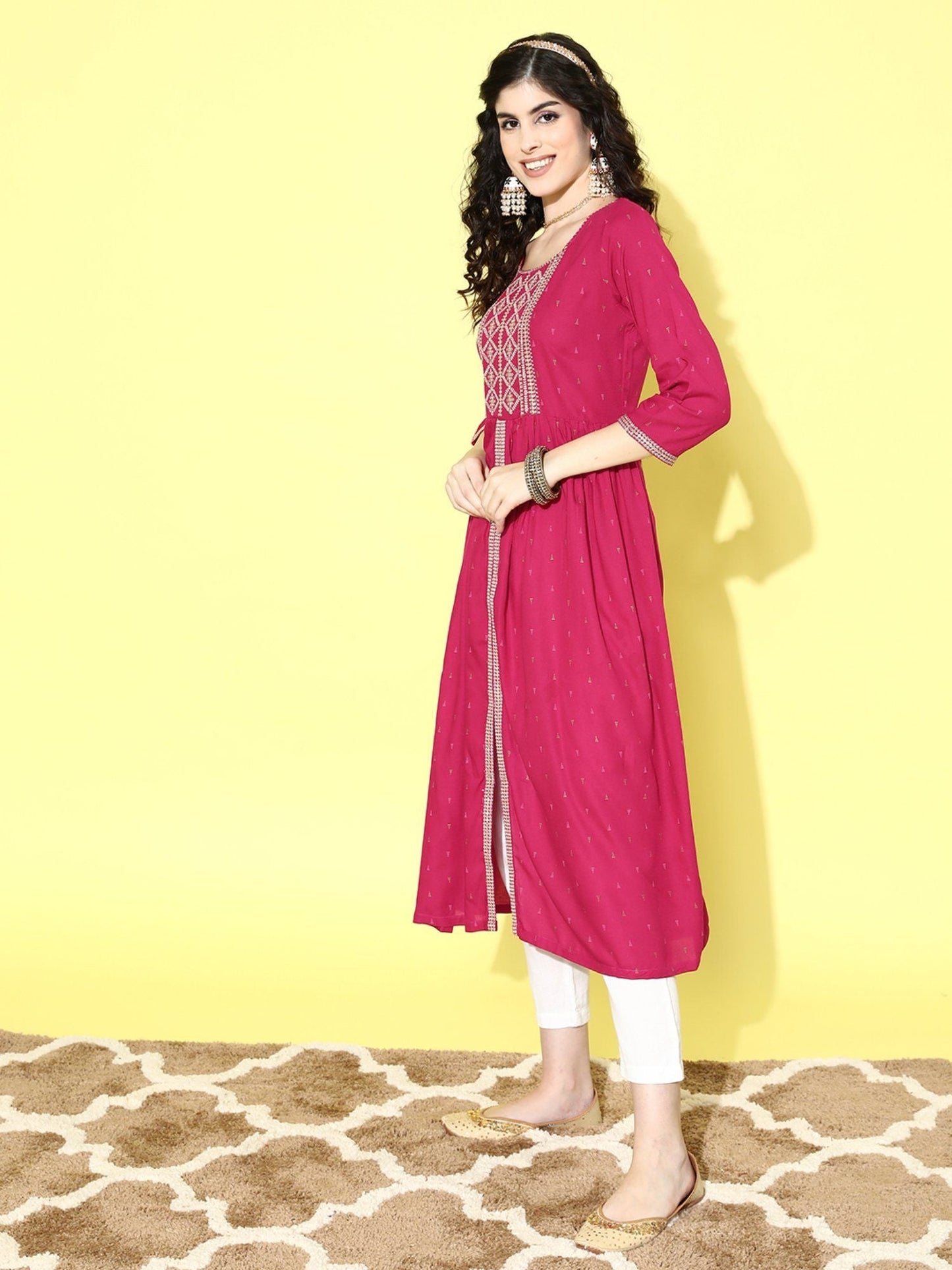 ISHIN Women's Pink Foil Printed Embellished Sequins Rayon Flared Kurta