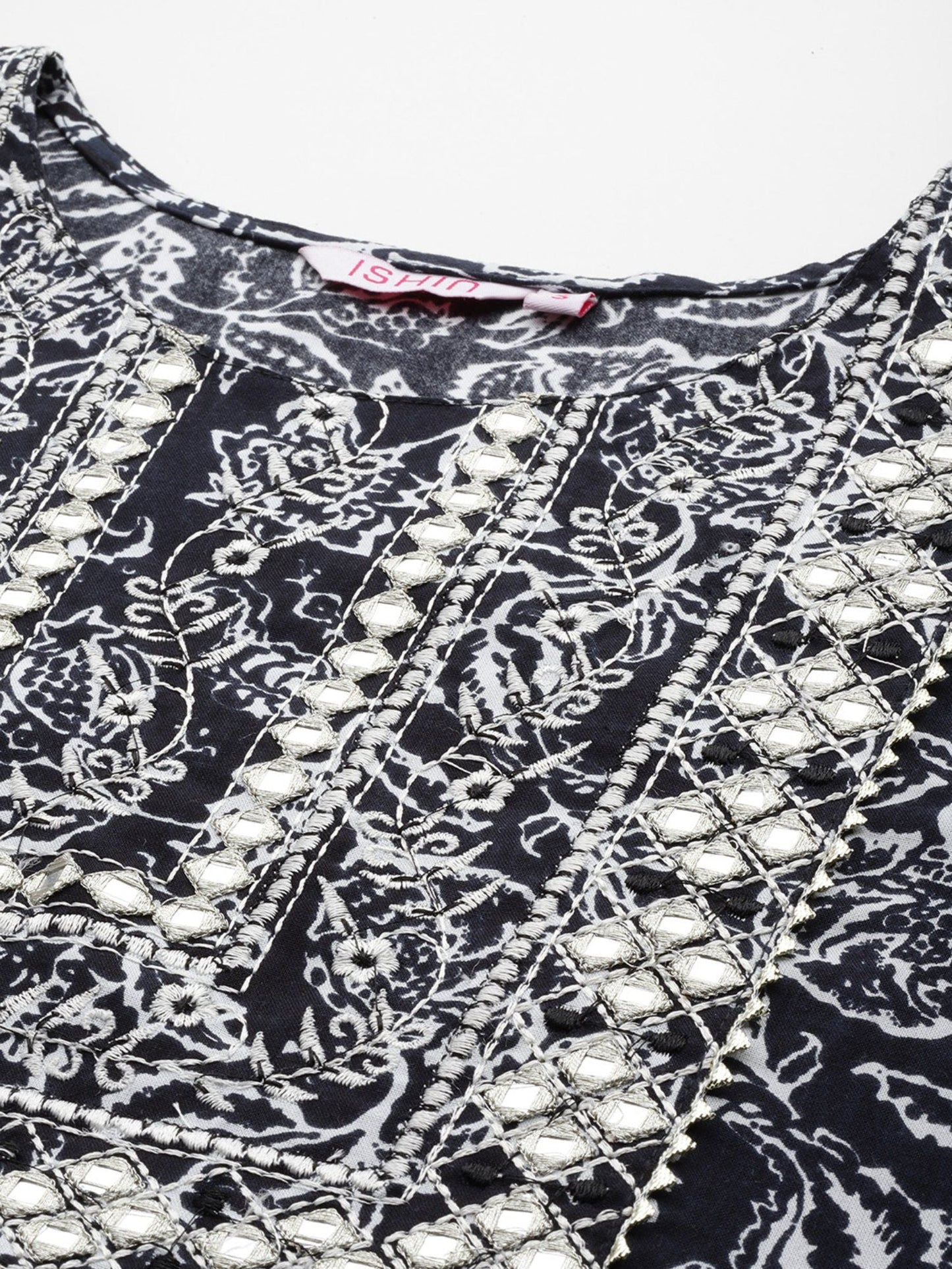 ISHIN Women's Viscose Rayon Printed Black A-Line Kurta Suit with Trousers (Set of 2)