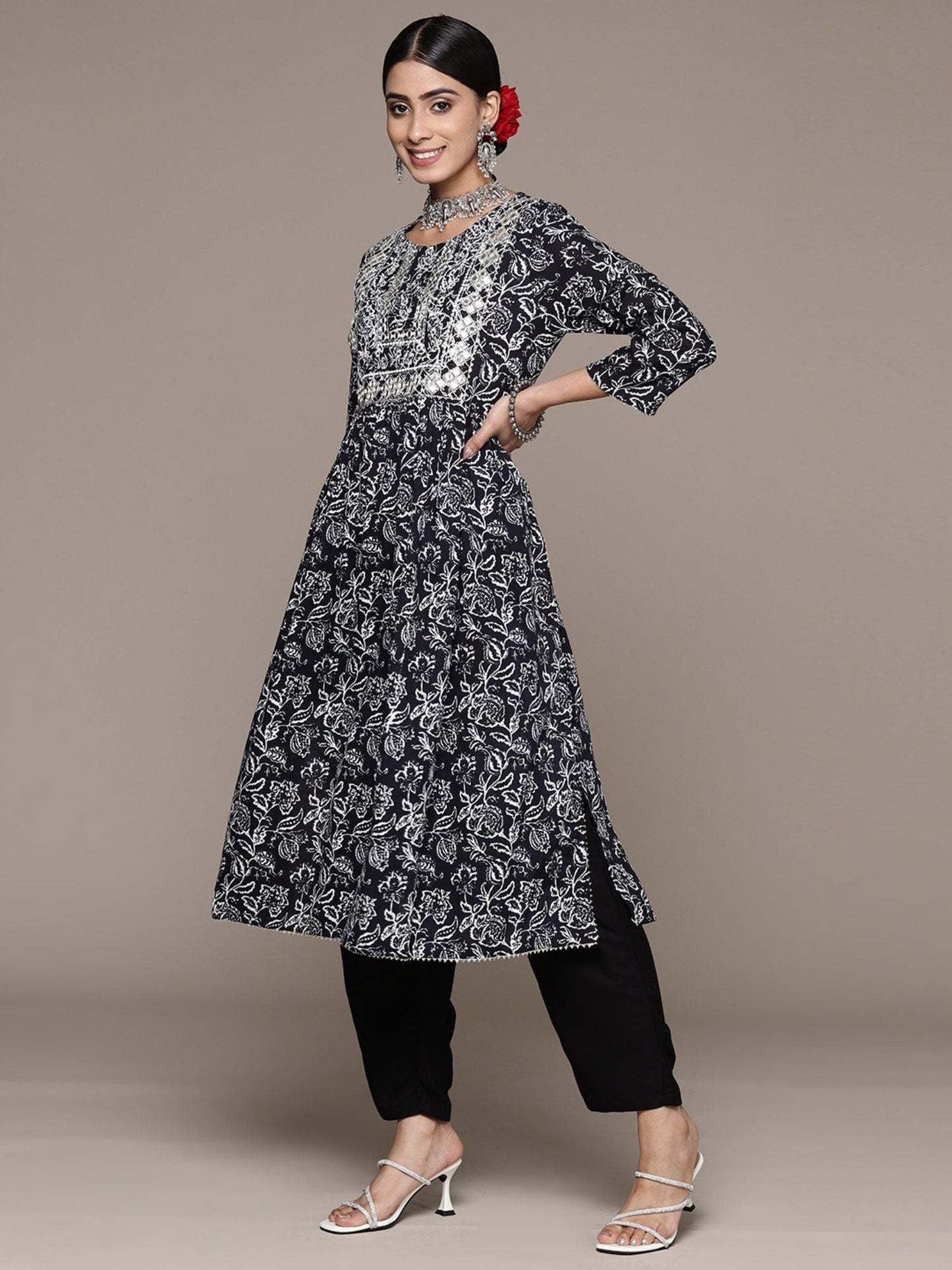 ISHIN Women's Viscose Rayon Printed Black A-Line Kurta Suit with Trousers (Set of 2)