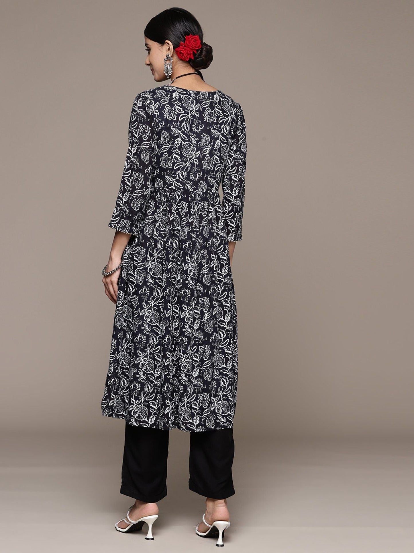 ISHIN Women's Viscose Rayon Printed Black A-Line Kurta Suit with Trousers (Set of 2)