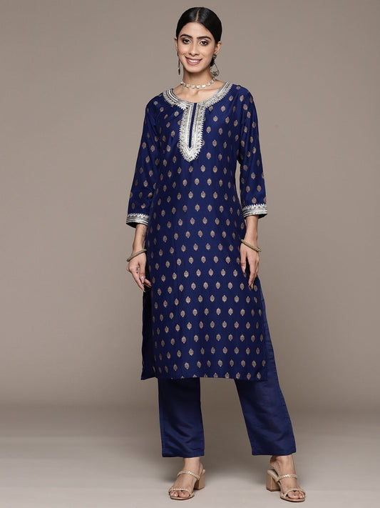 ISHIN Women's Silk Blend Printed Navy Blue Straight Kurta Suit with Trousers (Set of 2)