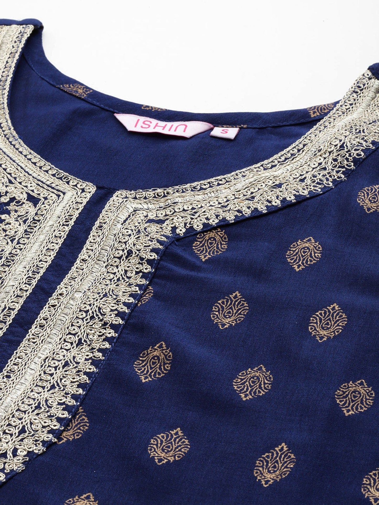 ISHIN Women's Silk Blend Printed Navy Blue Straight Kurta Suit with Trousers (Set of 2)