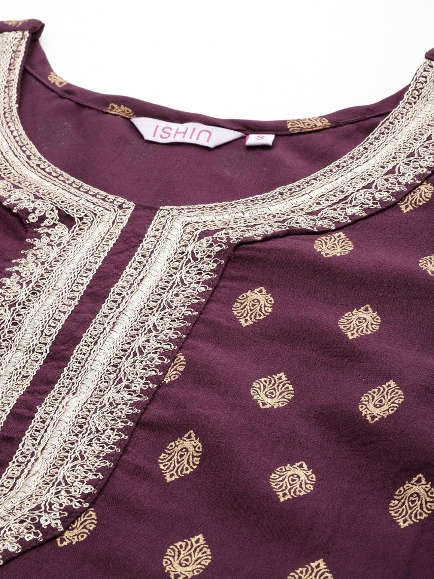 ISHIN Women's Silk Blend Printed Wine Straight Kurta Suit with Trousers (Set of 2)