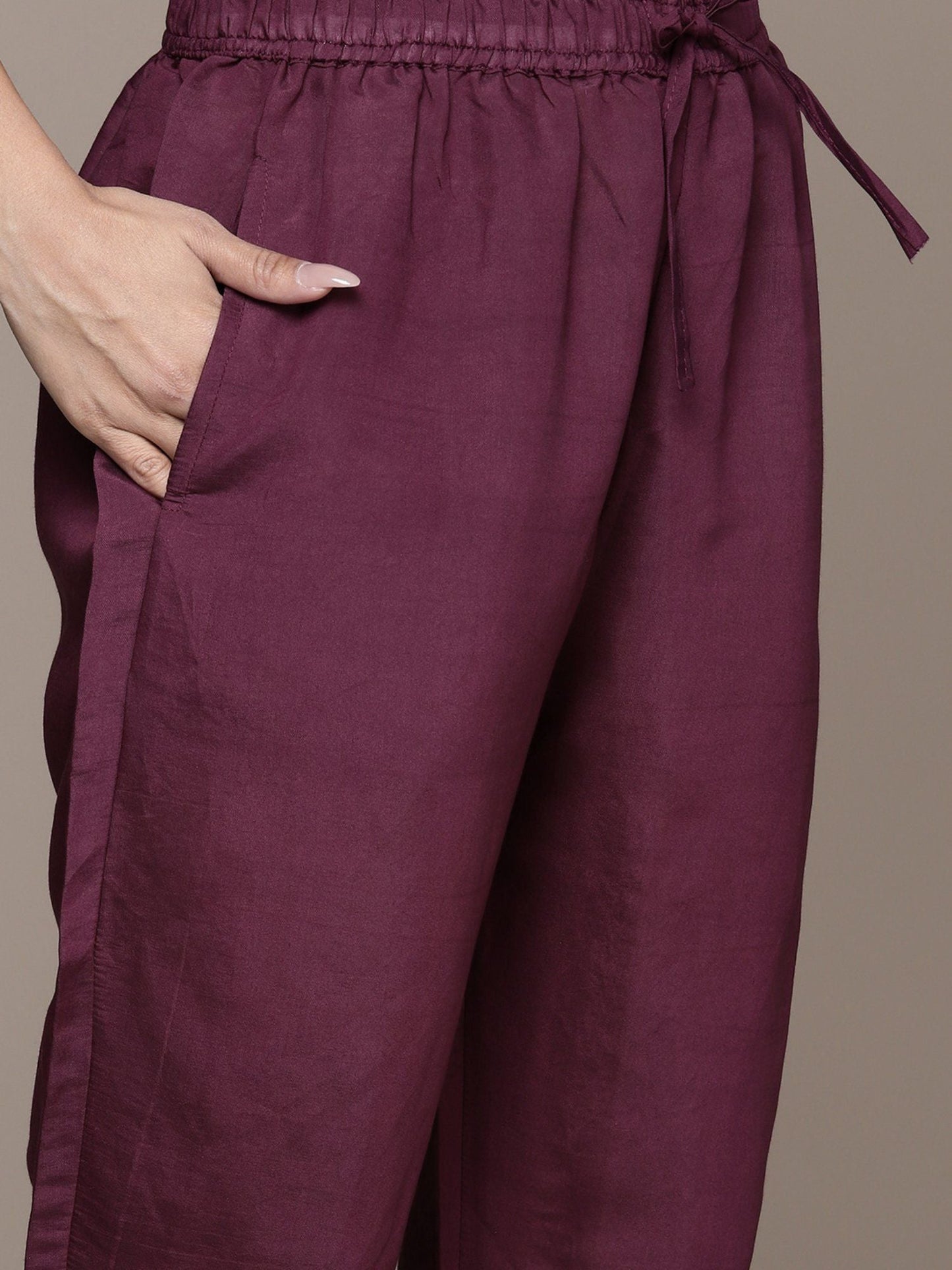 ISHIN Women's Silk Blend Printed Wine Straight Kurta Suit with Trousers (Set of 2)