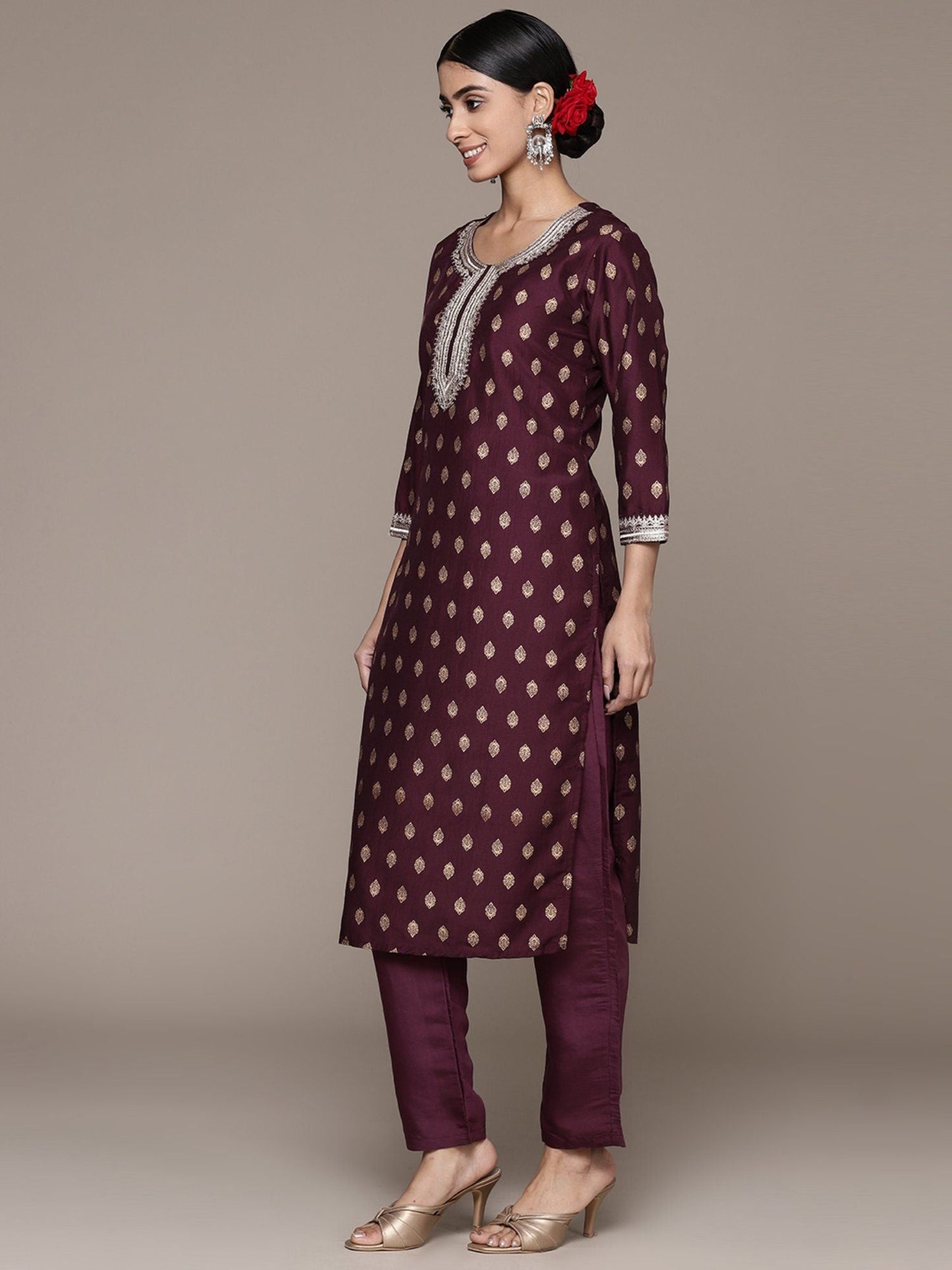 ISHIN Women's Silk Blend Printed Wine Straight Kurta Suit with Trousers (Set of 2)