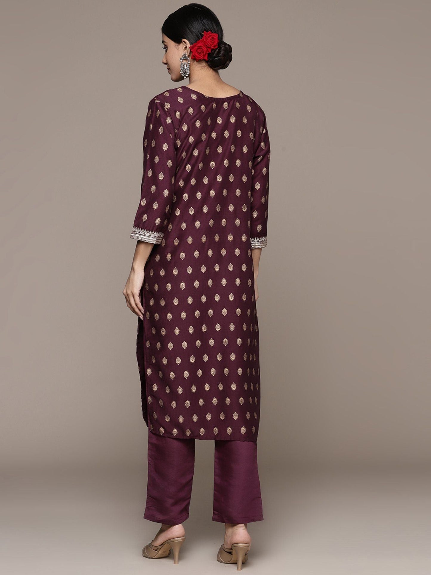 ISHIN Women's Silk Blend Printed Wine Straight Kurta Suit with Trousers (Set of 2)