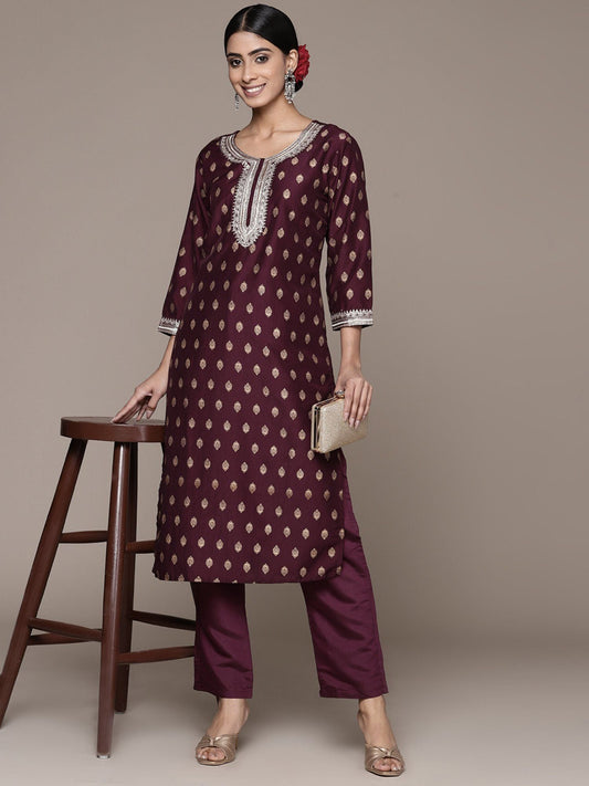 ISHIN Women's Silk Blend Printed Wine Straight Kurta Suit with Trousers (Set of 2)