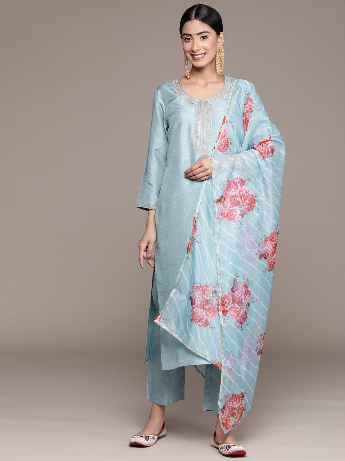 ISHIN Women's Blue Embellished Zari Work Silk Kurta Suit with Trousers & Dupatta (Set of 3)