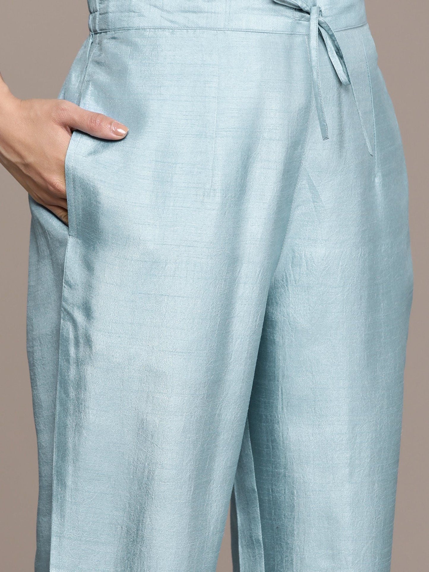 ISHIN Women's Blue Embellished Zari Work Silk Kurta Suit with Trousers & Dupatta (Set of 3)