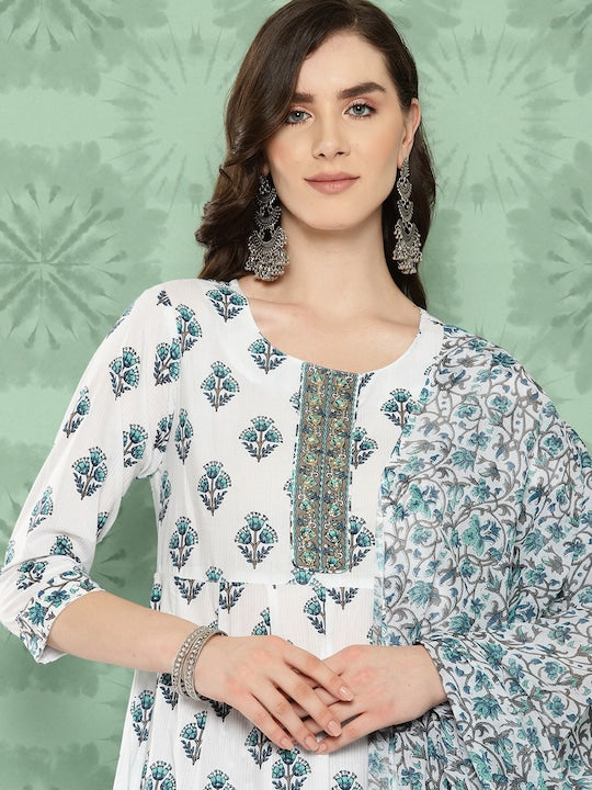 Yufta Women Ethnic Motifs Printed Regular Pure Cotton Kurta with Trousers & With Dupatta