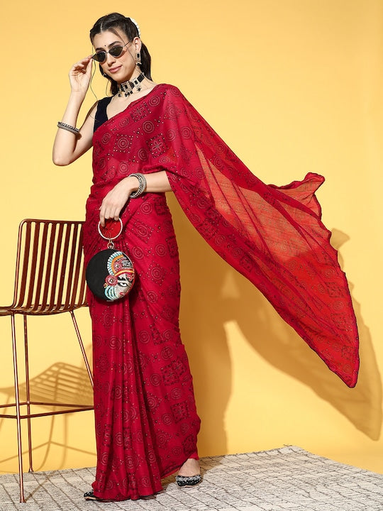 Mitera Red & Black Floral Saree