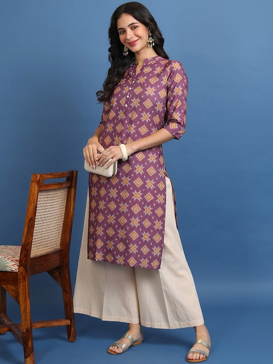 Vishudh Burgundy Ethnic Motifs Printed Mandarin Collar Straight Kurta