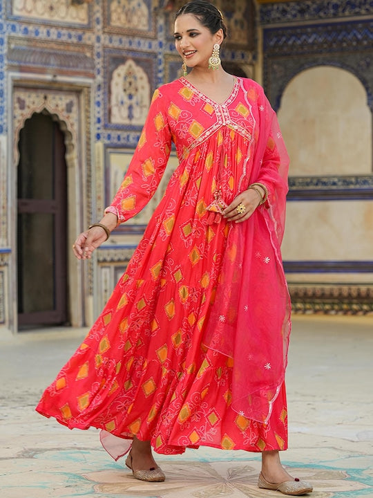 Scakhi Bandhani Printed Gathered Silk Maxi Ethnic Dresses