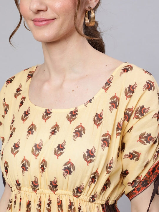 AKS Round Neck Ethnic Motifs Printed Tie-Ups Fit And Flare Knee Length Cotton Dress