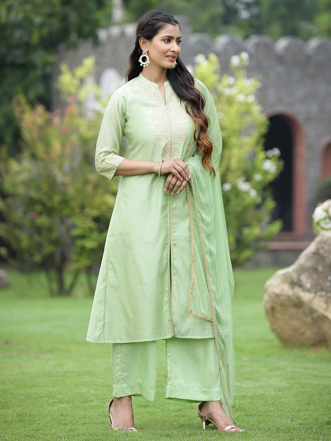 Juniper Women Green Floral Chanderi Silk Kurta with Palazzos & With Dupatta