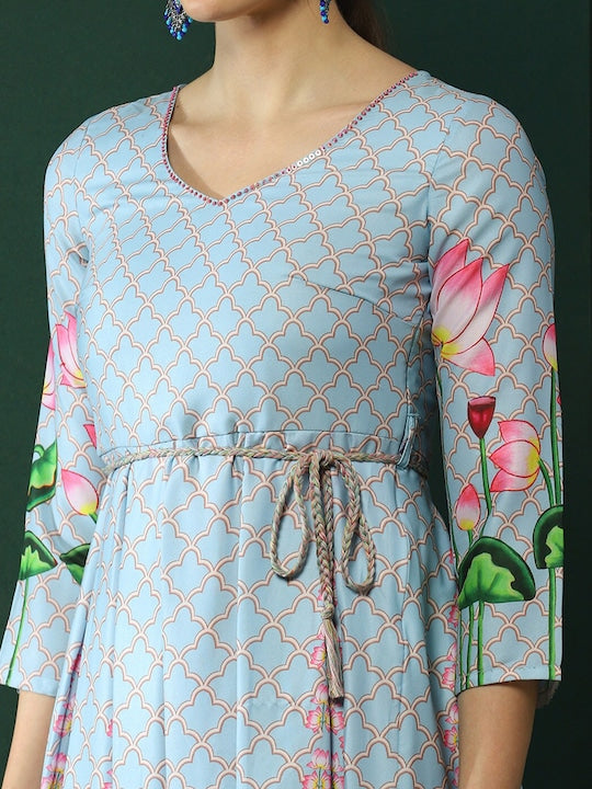 AKS Couture Printed Round Neck Pleated Maxi Dress