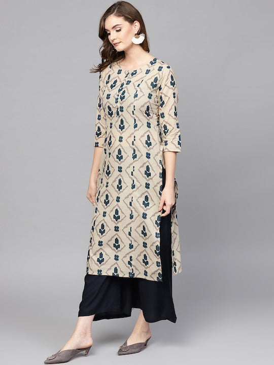 Yufta Women Beige & Blue Printed Kurta with Palazzos
