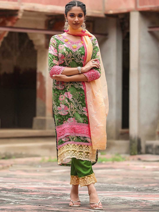 Scakhi Floral Printed Regular Silk Crepe Kurta with Trousers & Dupatta
