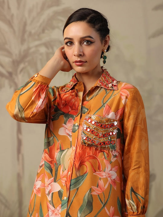 SCAKHI Floral Printed Shirt Collar Mirror Work A-Line Kurta & Palazzos