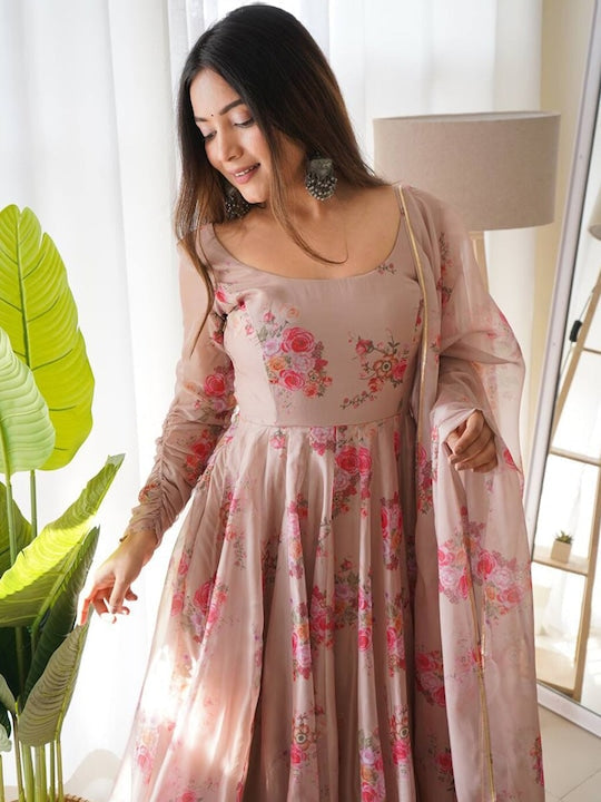 Fusionic Floral Printed Boat Neck Ethnic Dresses With Dupatta