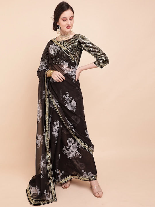 Sangria Floral Sequinned Pure Georgette Saree