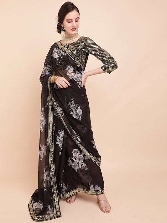 Sangria Floral Sequinned Pure Georgette Saree