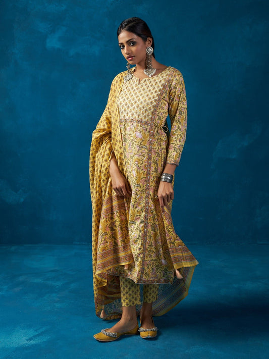 Likha Yellow Jaipuri Printed Gotapatti Kurta, Pant & Dupatta LIKSKD64 (Set of 3) - M